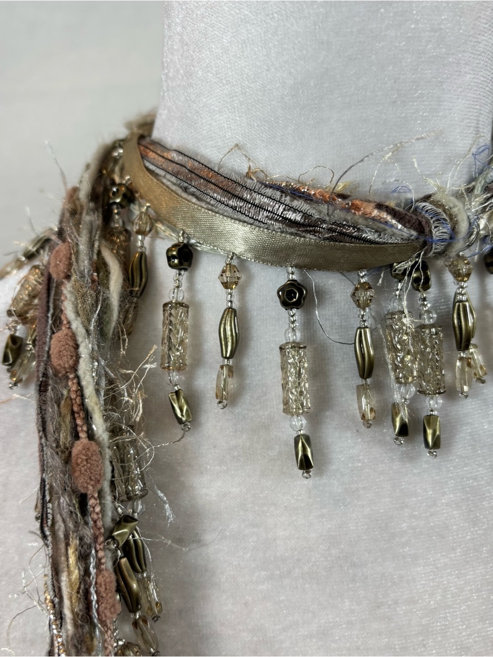 Unique Boho Bead, Ribbon and Mixed Material Thin Scarf - Picture 8 of 8